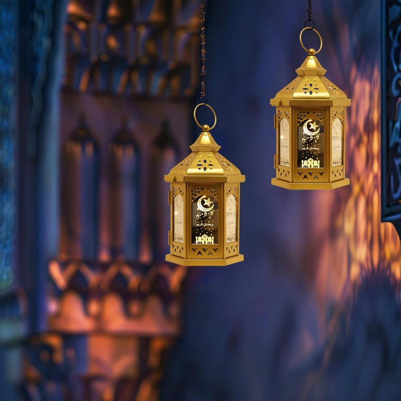 DECORKEY Ramadan Decorations for Home, 2 PCS 11''H Medium Hexagon Decorative Candle Lantern for Tabletop Mantel Decor, Vintage Metal Lantern Candle Holders for Indoor Outdoor Decor, EID Mubarak Gift - Image 5