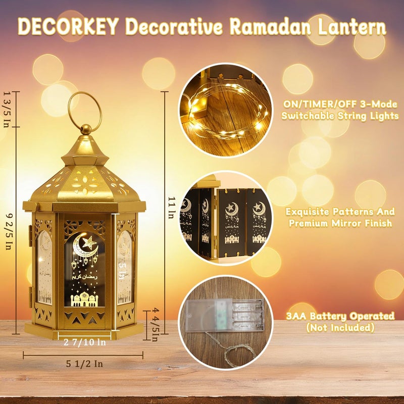 DECORKEY Ramadan Decorations for Home, 2 PCS 11''H Medium Hexagon Decorative Candle Lantern for Tabletop Mantel Decor, Vintage Metal Lantern Candle Holders for Indoor Outdoor Decor, EID Mubarak Gift - Image 3
