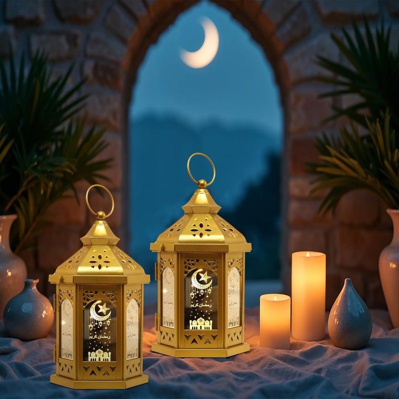DECORKEY Ramadan Decorations for Home, 2 PCS 11''H Medium Hexagon Decorative Candle Lantern for Tabletop Mantel Decor, Vintage Metal Lantern Candle Holders for Indoor Outdoor Decor, EID Mubarak Gift - Image 2