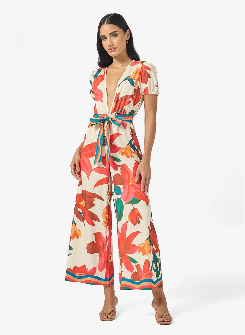 Ginger Floral Print Plunge Neck Jumpsuit