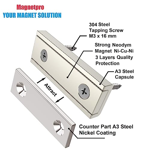 Magnetpro 6 Pieces Neodymium Rectangular Magnets 45 lb Force 40 x 13.5 x 5 mm with 6 Counterparts, Strong Household and Industrial Rare Earth Magnet with Steel Capsule and Mounting Screws - Image 2
