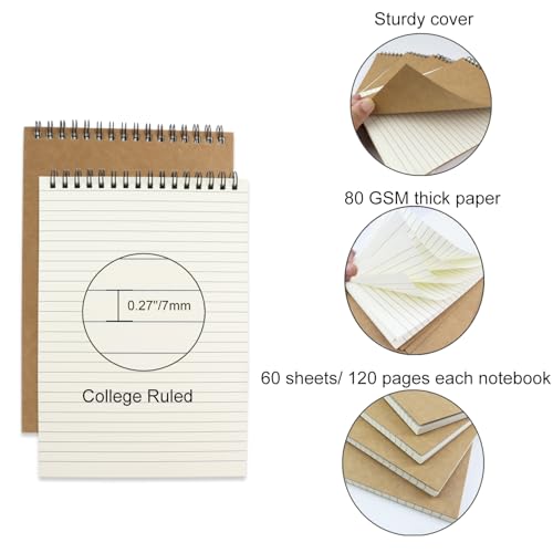 Aacehlh 4 Pcs Top Bound Spiral Notebook,8.3 inch x 5.8 inch,60 Sheet,7mm College Ruled Paper,A5 Spiral Note Pads Memo Lined Notebook Journal for School and Office Supplies (Kraft) - Image 3
