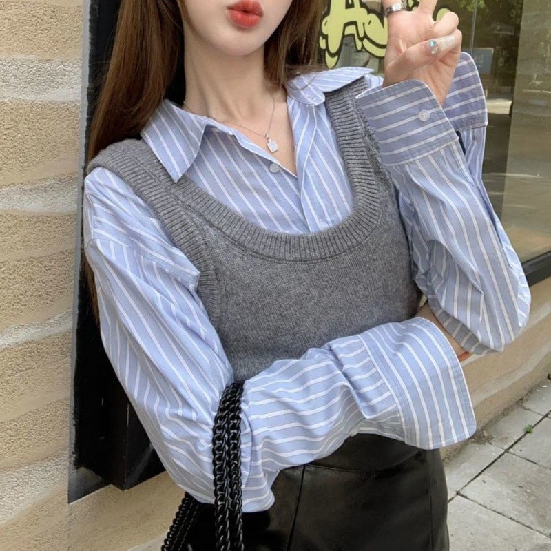 Autumn Chic Grey Vest Knit Top Striped Shirt Set for Women Striped long sleeve shirt
