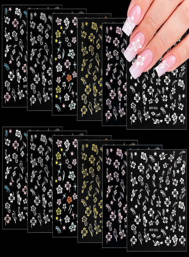 Junwapy 12 Sheets Flower Nail Stickers Hibiscus Nail Decals 3D Self-Adhesive White Pink Gold Floral Pattern for Women Girls DIY Acrylic Nail Manicure Decoration - Image 1