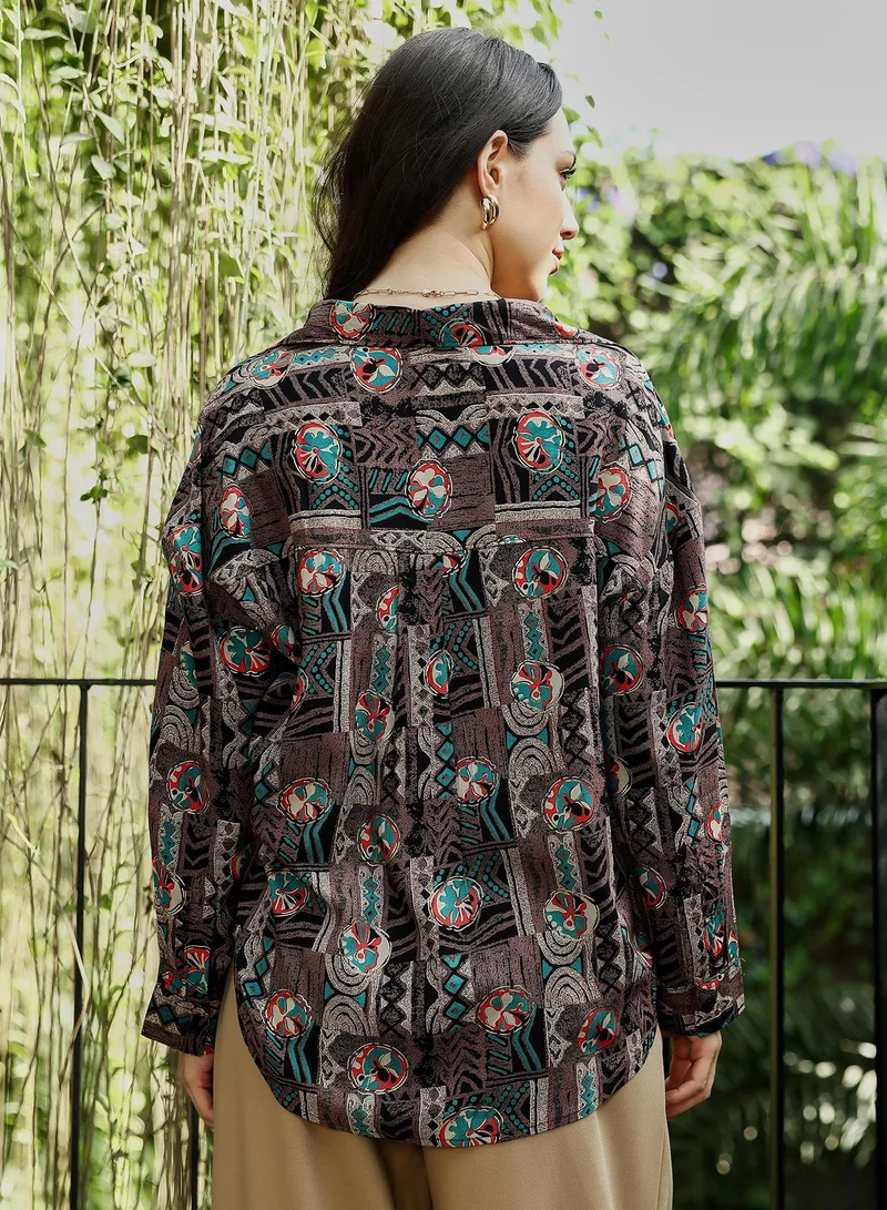Pinacolada  Women's Coffee Brown Mayan-Imprint Oversized Shirt for Women | Best Price UAE