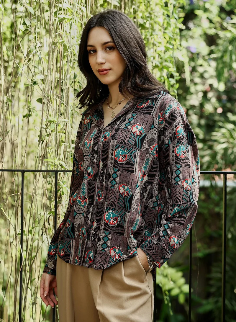 Pinacolada  Women's Coffee Brown Mayan-Imprint Oversized Shirt for Women | Best Price UAE