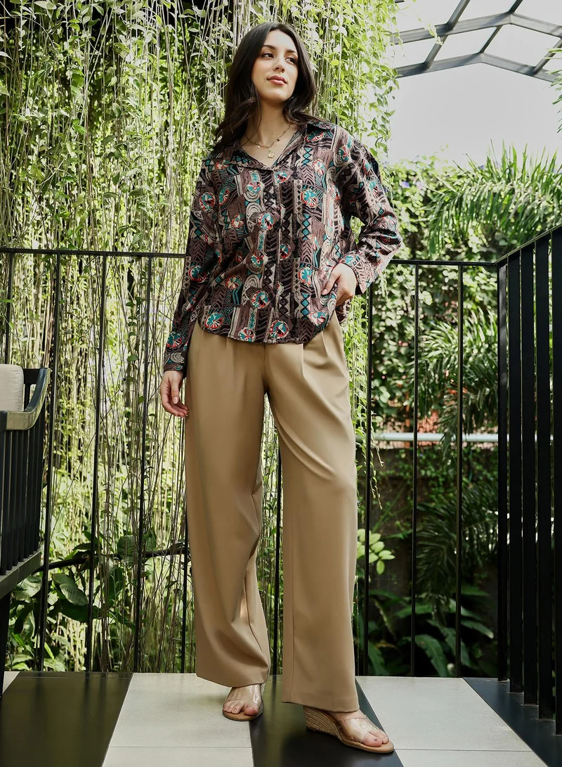 Pinacolada  Women's Coffee Brown Mayan-Imprint Oversized Shirt for Women | Best Price UAE