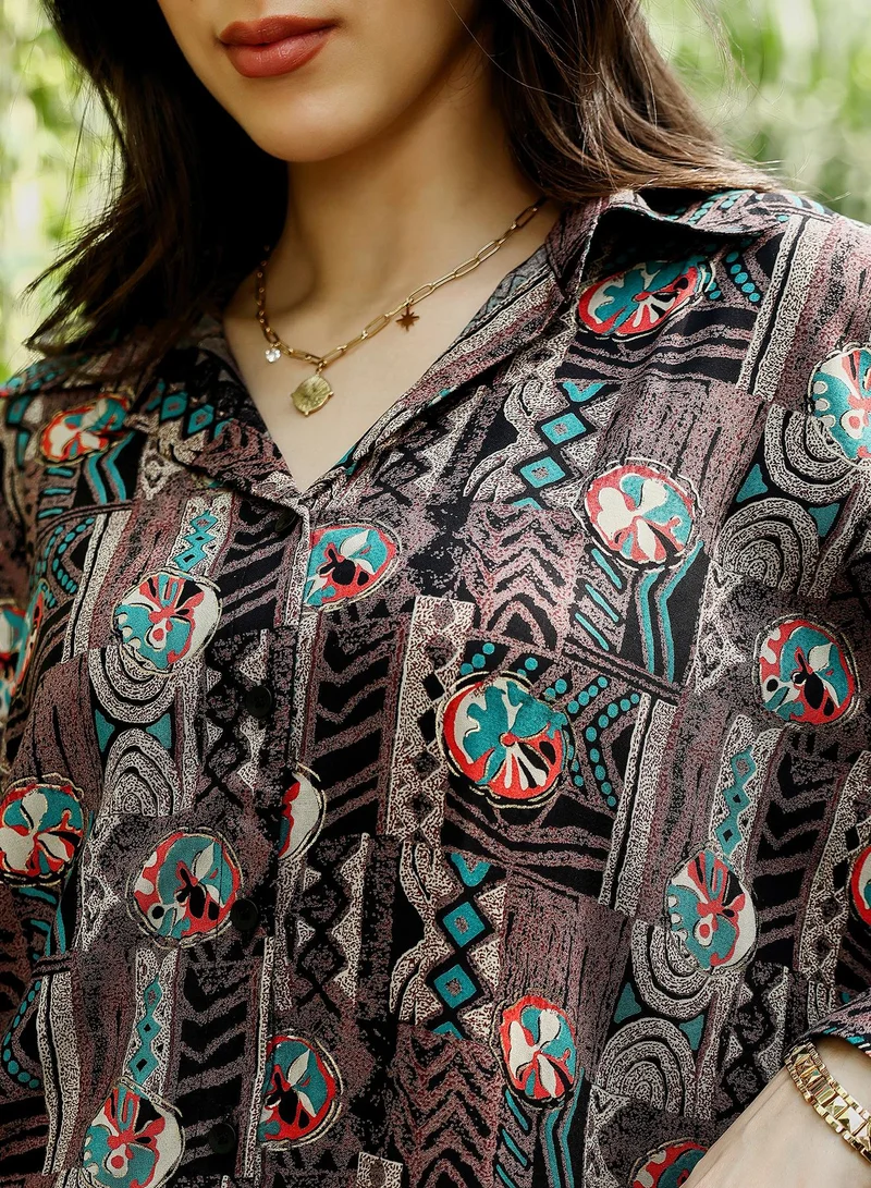Pinacolada  Women's Coffee Brown Mayan-Imprint Oversized Shirt for Women | Best Price UAE