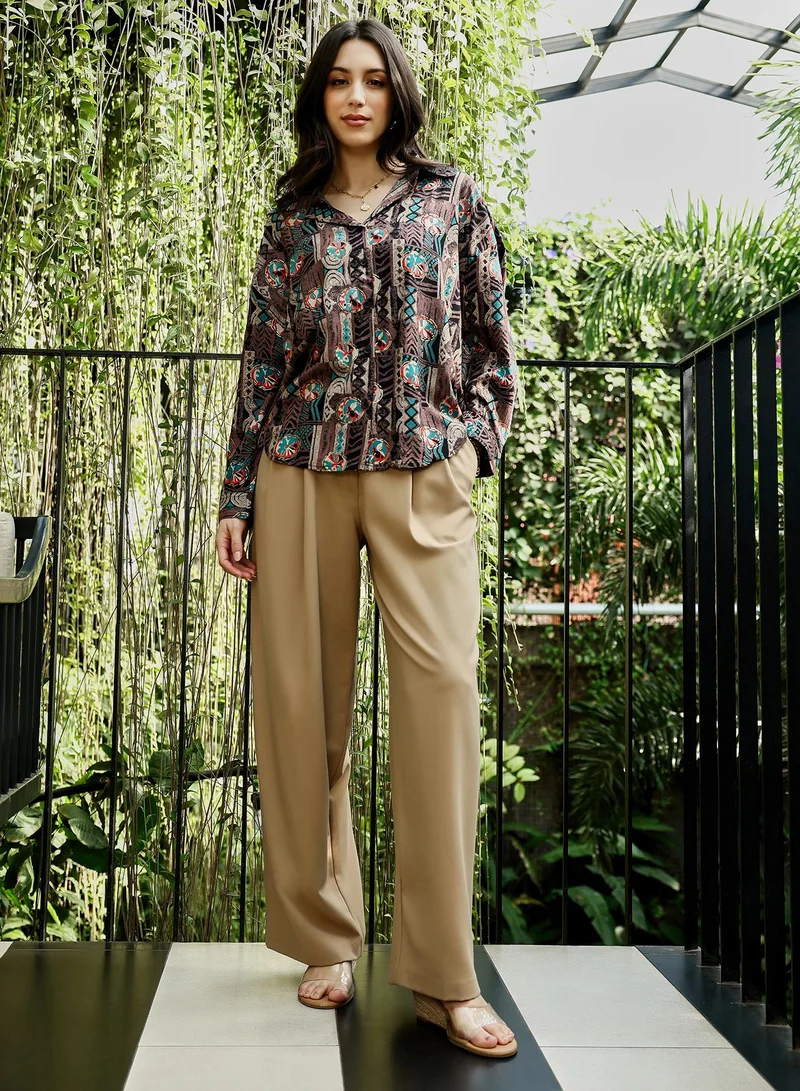 Pinacolada  Women's Coffee Brown Mayan-Imprint Oversized Shirt for Women | Best Price UAE