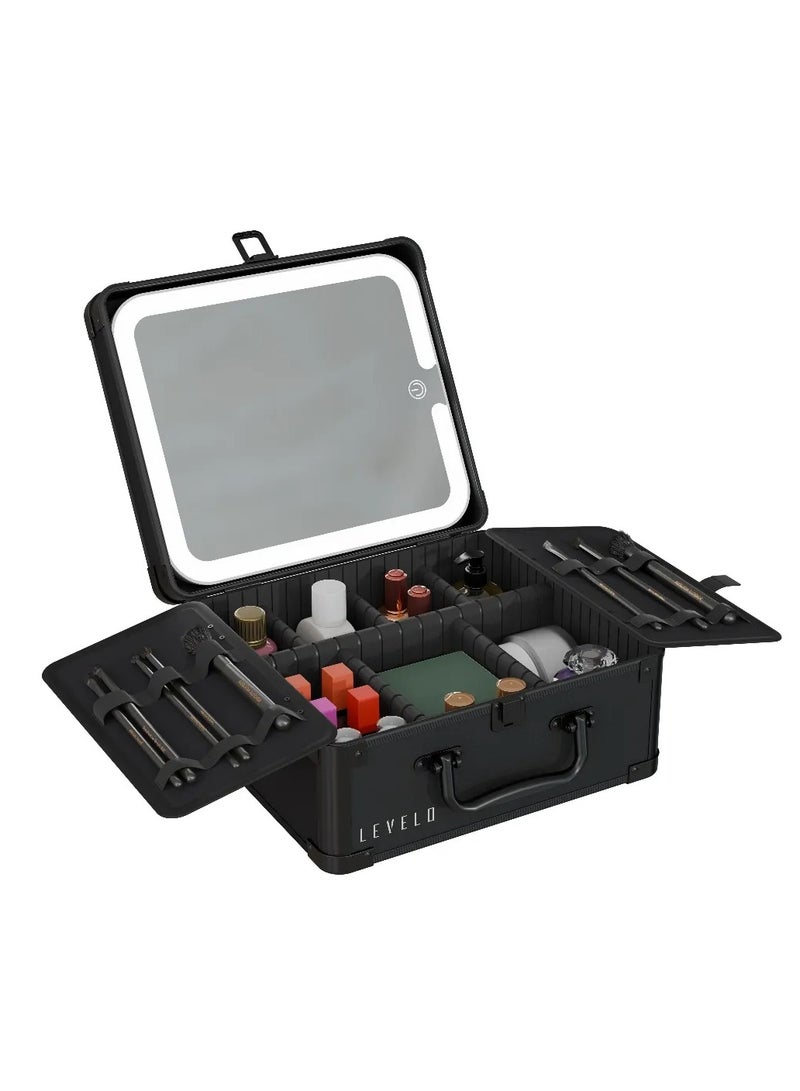 LEVELO Elite Makeup Box Organizer With Detachable Magnetic Mirror & Multiple Compartment / Touch Control / Compact & Travel Friendly / Beauty Tools and Supplies / Cosmetics Accessories / Jewelry / Waterproof Board / Aluminum Alloy + Material - Black - Image 1