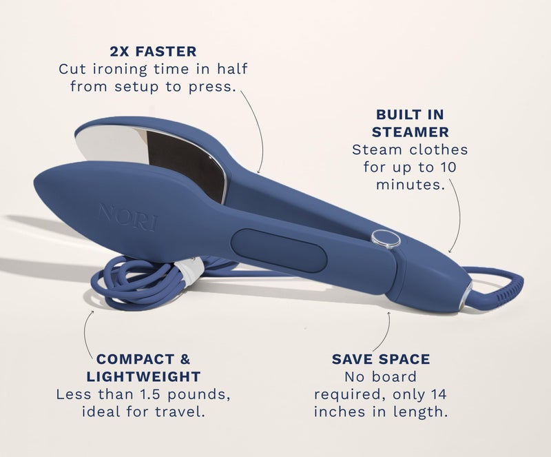 Nori Press Travel Steam Iron - Handheld Iron With Optional Steam Feature - No Ironing Board Required - Easy to Use w/ 6 Fabric Settings - Removes Wrinkles - Navy - Image 3