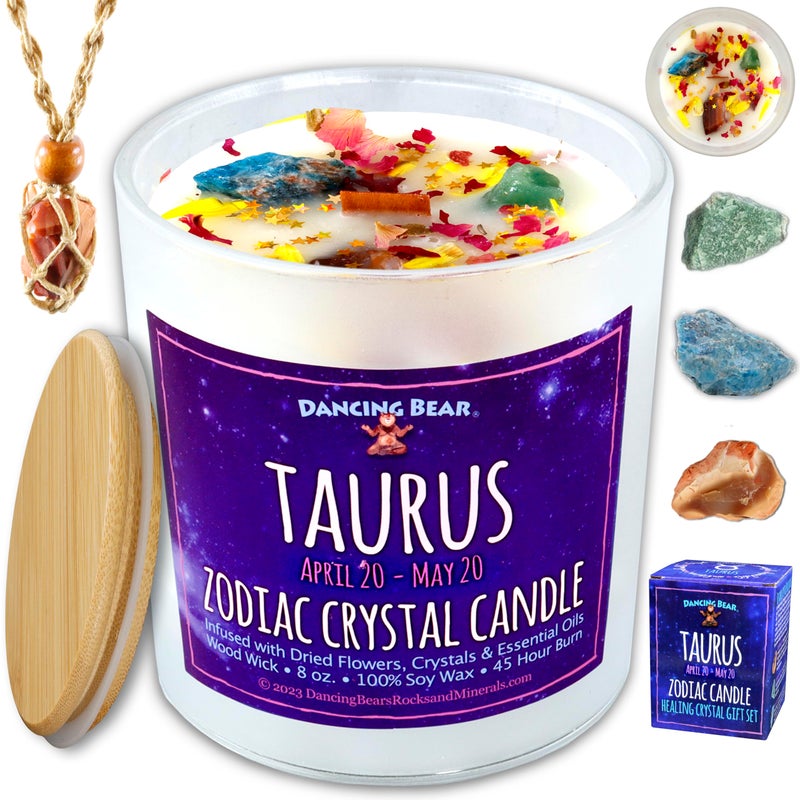 DANCING BEAR Taurus Zodiac Candle Gift Box Set with 3 Healing Crystals  Stone Holder Necklace 100 Soy Scented Wax Crackling Wood Wick 45 Hour Burn Time