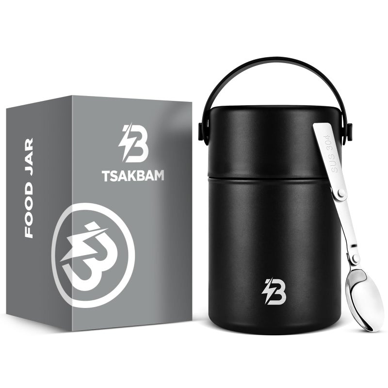TSAKBAM Thermo for Hot Food, Insulated Food Container Reusable Stainless Steel Double-Walled Vacuum Insulated with Foldable Spoon for Camping, Outdoor, Travel (Black, 29 Oz) - Image 1