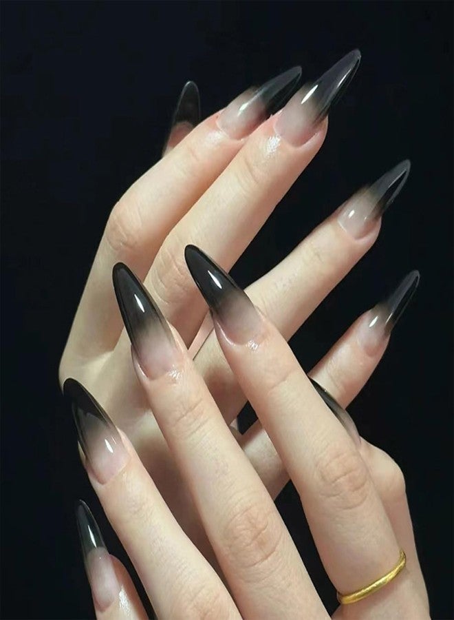 NICENEEDED 24 PCS French Tip Press on Nails, Black Ombre Fake Stick on Nail with Gradient Design, Stiletto Artificial Full Cover False Nail for Women Manicure Art Halloween - Image 1