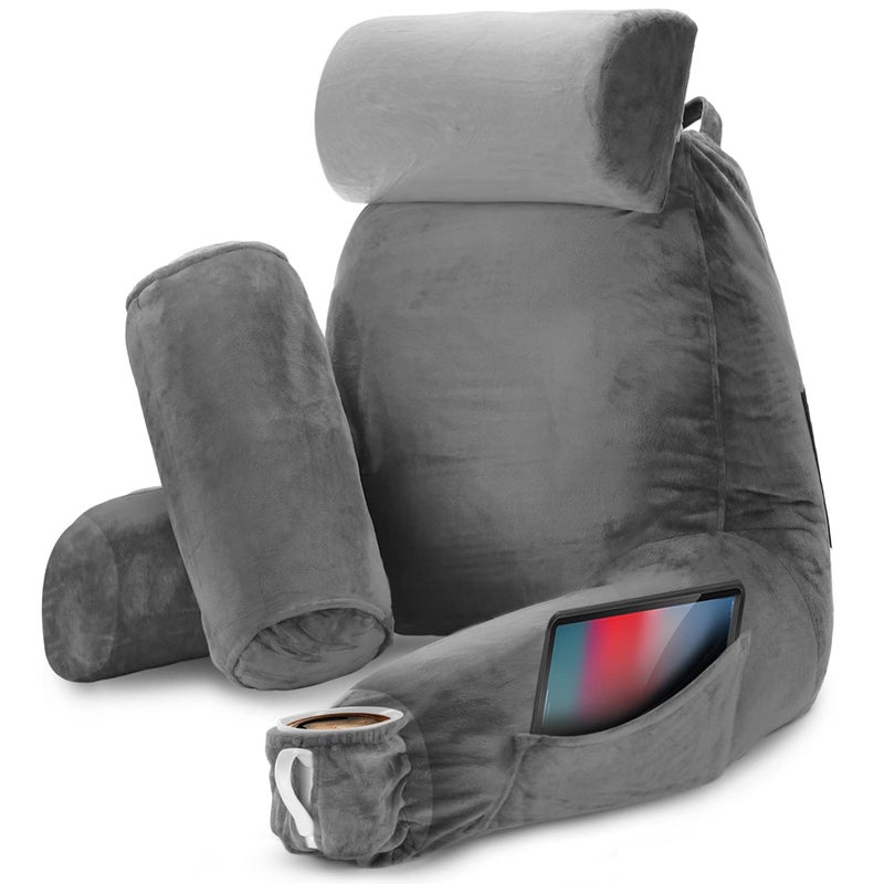 Nestl Reading Pillow with Shredded Memory Foam Includes 2 Neck and Lumber Support Pillows Designed for Sitting Up in Bed and Couch Back and Arms Adjustable Support for Adult  Teens Dark Grey