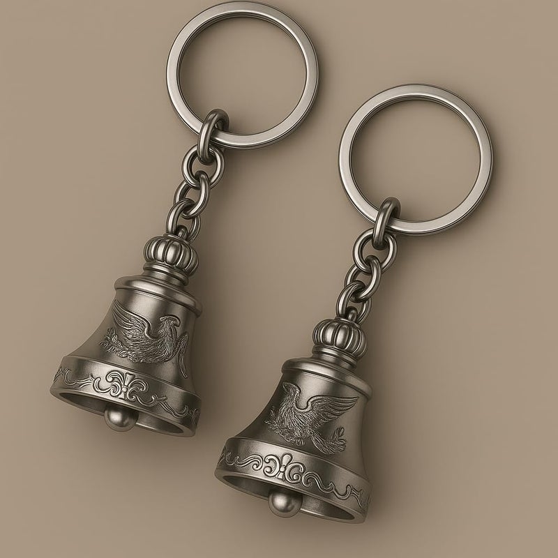 AEROSTARK Set of 2 Chrome-Plated Silver Guardian Bell Keychain | Shiny Protective Charm with Protective Engraving | Polished Zinc Alloy Keyring for Motorcyclists & Gifting - Image 5