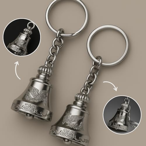 AEROSTARK Set of 2 Chrome-Plated Silver Guardian Bell Keychain | Shiny Protective Charm with Protective Engraving | Polished Zinc Alloy Keyring for Motorcyclists & Gifting - Image 2