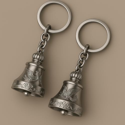 AEROSTARK Set of 2 Chrome-Plated Silver Guardian Bell Keychain | Shiny Protective Charm with Protective Engraving | Polished Zinc Alloy Keyring for Motorcyclists & Gifting - Image 1