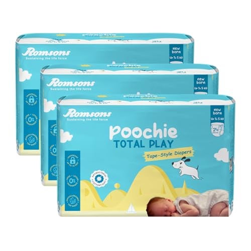 Romsons Poochie Total Play Newborn Tape Style Baby Diapers - 72 Pieces | Suitable for Up To 5 KG | Antibacterial | Cottony Soft and Leakproof Upto 10 Hrs. - Image 1