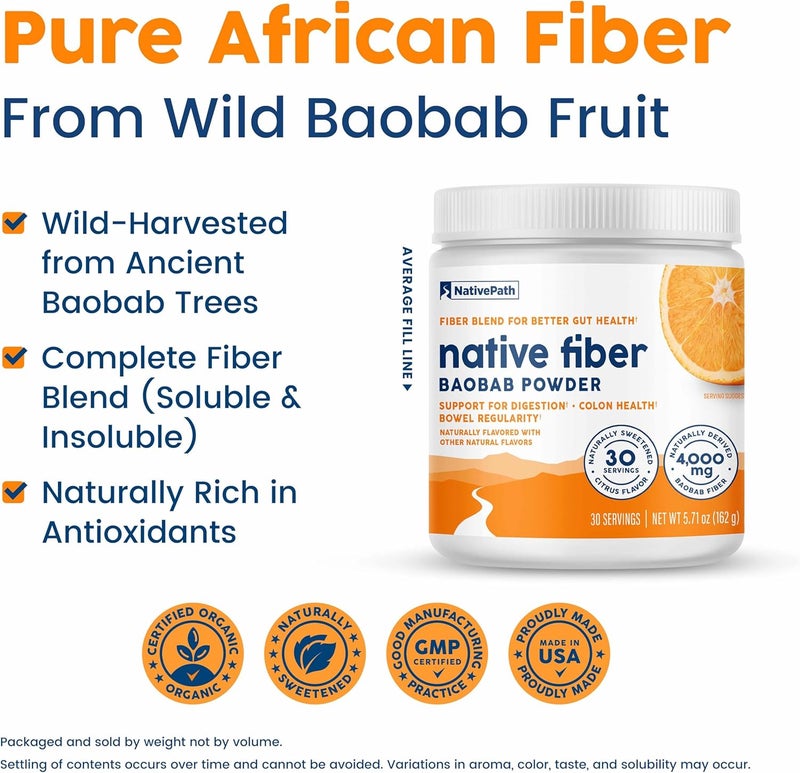 NativePath Organic Baobab Prebiotic Fiber Powder  Digestive Health Supplement  Natural Orange Flavor 30 Servings - Image 4