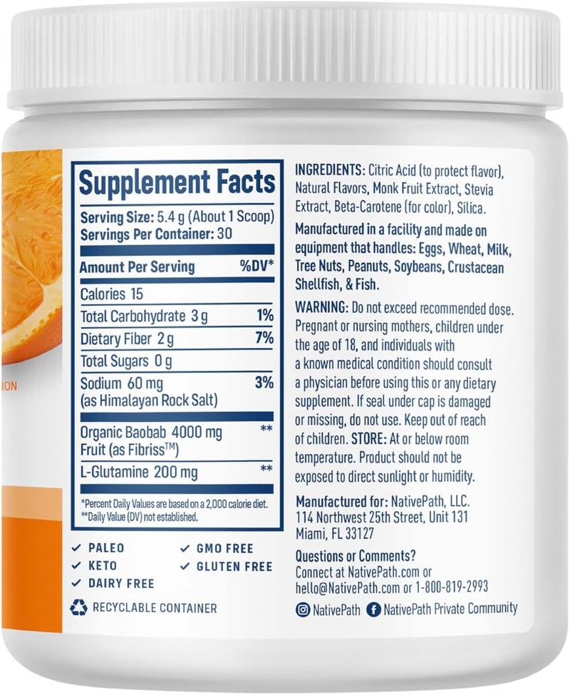 NativePath Organic Baobab Prebiotic Fiber Powder  Digestive Health Supplement  Natural Orange Flavor 30 Servings - Image 3