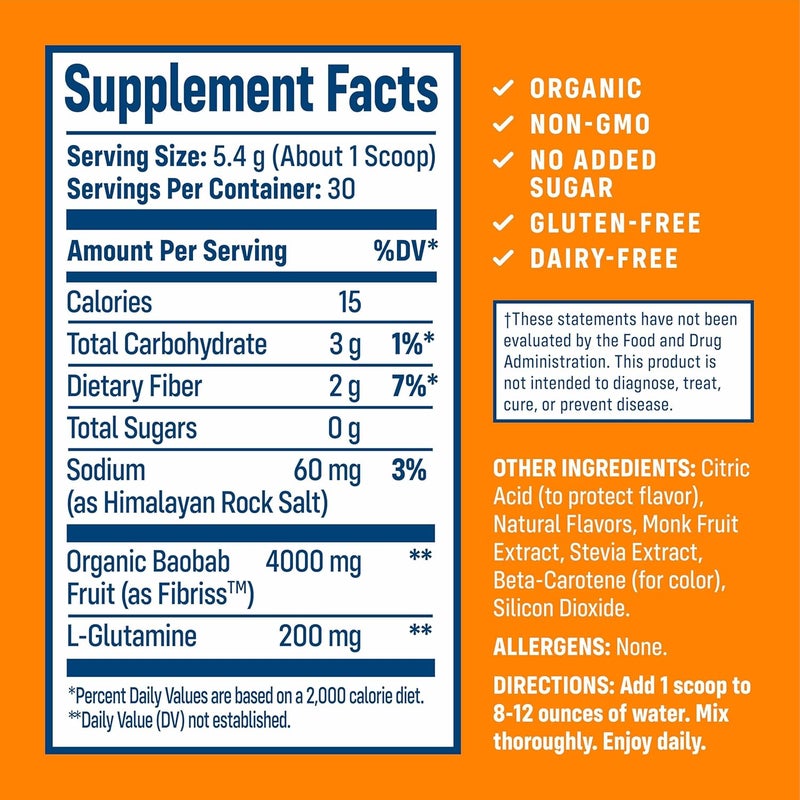 NativePath Organic Baobab Prebiotic Fiber Powder  Digestive Health Supplement  Natural Orange Flavor 30 Servings - Image 2