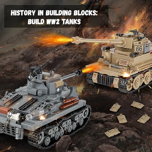 NEWABWN 2-in-1 Army Tank Toy Building Set, Includes German Tiger and American Sherman Models, Compatible with Lego Army Sets, Military Building Blocks Set for Kids 8-14 (1184 Pieces) - Image 2
