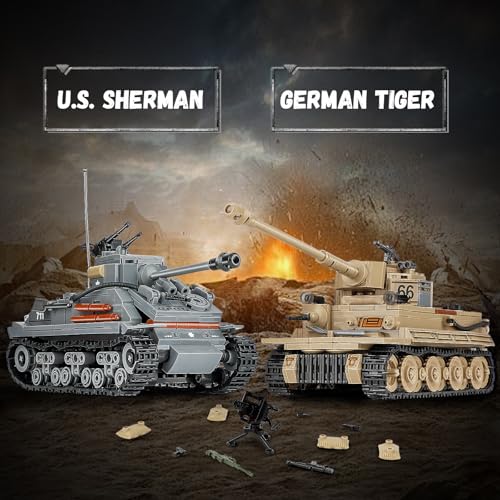 NEWABWN 2-in-1 Army Tank Toy Building Set, Includes German Tiger and American Sherman Models, Compatible with Lego Army Sets, Military Building Blocks Set for Kids 8-14 (1184 Pieces) - Image 3