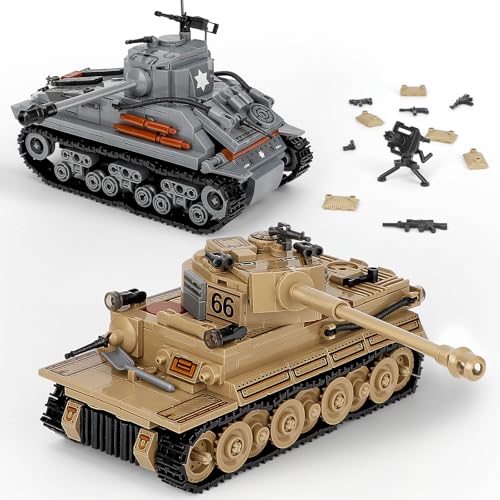NEWABWN 2-in-1 Army Tank Toy Building Set, Includes German Tiger and American Sherman Models, Compatible with Lego Army Sets, Military Building Blocks Set for Kids 8-14 (1184 Pieces) - Image 1