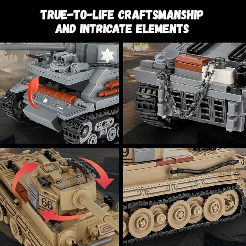 NEWABWN 2-in-1 Army Tank Toy Building Set, Includes German Tiger and American Sherman Models, Compatible with Lego Army Sets, Military Building Blocks Set for Kids 8-14 (1184 Pieces) - Image 4