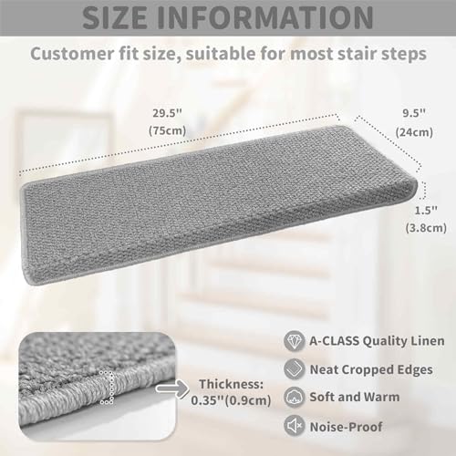 Brakki Bullnose Carpet Stair Treads, Non Slip Stair Treads for Wooden Steps Indoor, Stair Runner, Soft Stair Rugs, Edging Stair Protectors, Washable, 29.5"x9.5"x1.5" 14pcs, Grey - Image 4