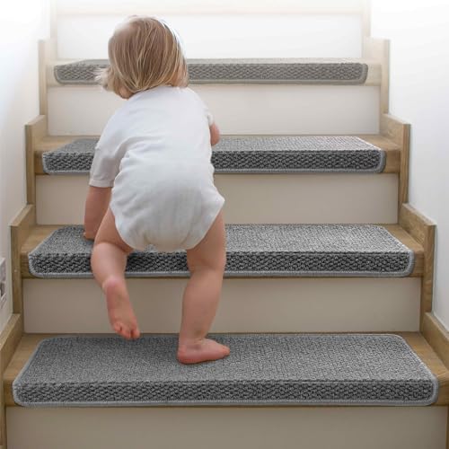Brakki Bullnose Carpet Stair Treads, Non Slip Stair Treads for Wooden Steps Indoor, Stair Runner, Soft Stair Rugs, Edging Stair Protectors, Washable, 29.5"x9.5"x1.5" 14pcs, Grey - Image 3