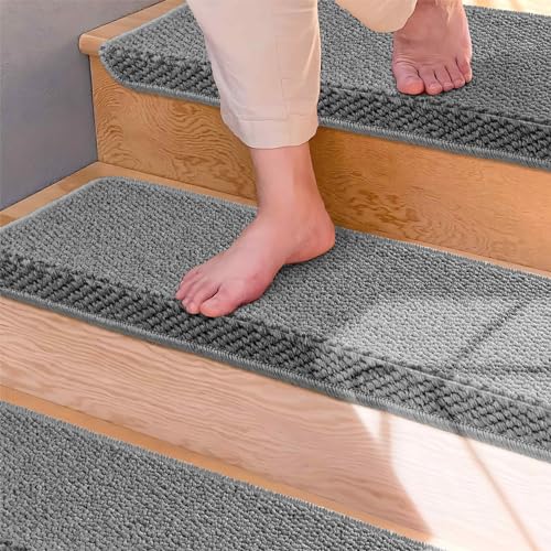 Brakki Bullnose Carpet Stair Treads, Non Slip Stair Treads for Wooden Steps Indoor, Stair Runner, Soft Stair Rugs, Edging Stair Protectors, Washable, 29.5"x9.5"x1.5" 14pcs, Grey - Image 2