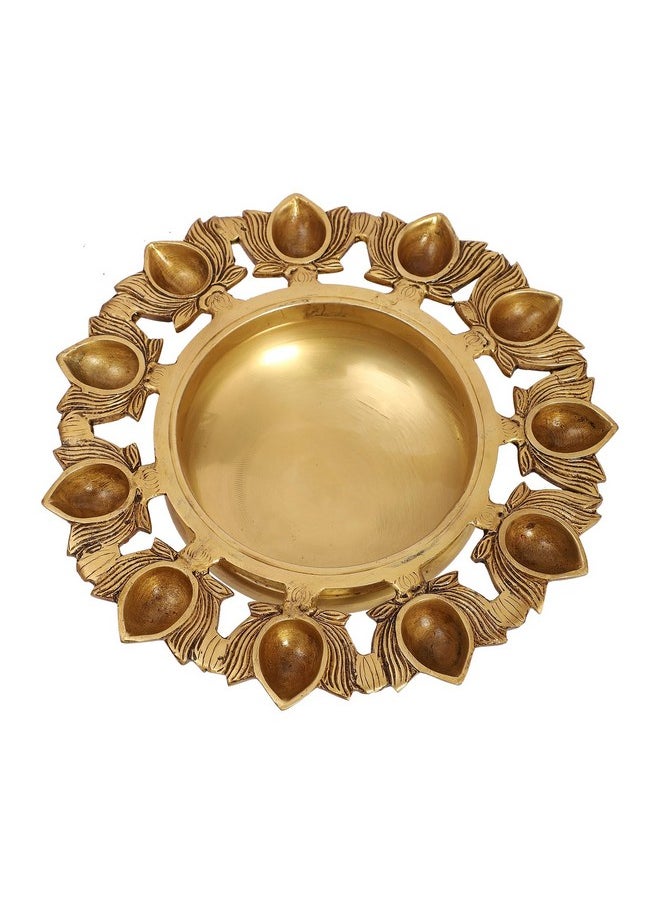 Two Moustaches Two Moustaches 9.5 Inches Brass Urli Bowl with Lotus Design 11 Diyas, Urli for Flowers, Brass Urli for Home Decor, Brass Decorative Urli Bowl, Housewarming Gifts, Antique Yellow, Standard, Pack of 1  - Image 4