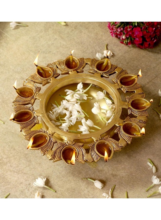 Two Moustaches Two Moustaches 9.5 Inches Brass Urli Bowl with Lotus Design 11 Diyas, Urli for Flowers, Brass Urli for Home Decor, Brass Decorative Urli Bowl, Housewarming Gifts, Antique Yellow, Standard, Pack of 1  - Image 1