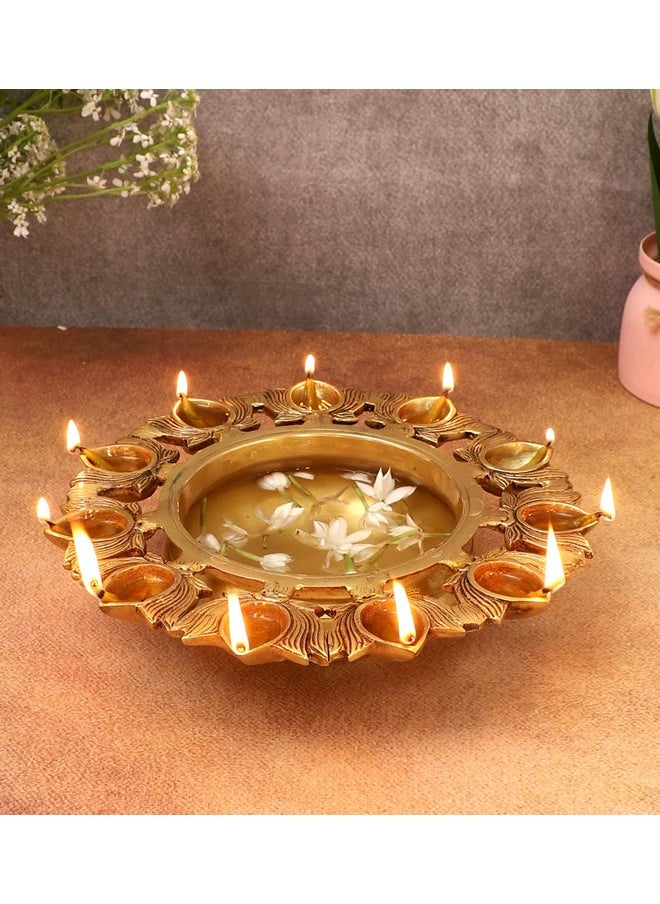 Two Moustaches Two Moustaches 9.5 Inches Brass Urli Bowl with Lotus Design 11 Diyas, Urli for Flowers, Brass Urli for Home Decor, Brass Decorative Urli Bowl, Housewarming Gifts, Antique Yellow, Standard, Pack of 1  - Image 5