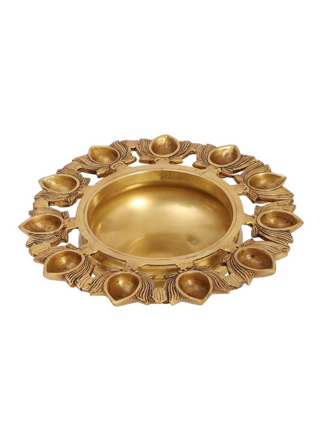 Two Moustaches Two Moustaches 9.5 Inches Brass Urli Bowl with Lotus Design 11 Diyas, Urli for Flowers, Brass Urli for Home Decor, Brass Decorative Urli Bowl, Housewarming Gifts, Antique Yellow, Standard, Pack of 1  - Image 2
