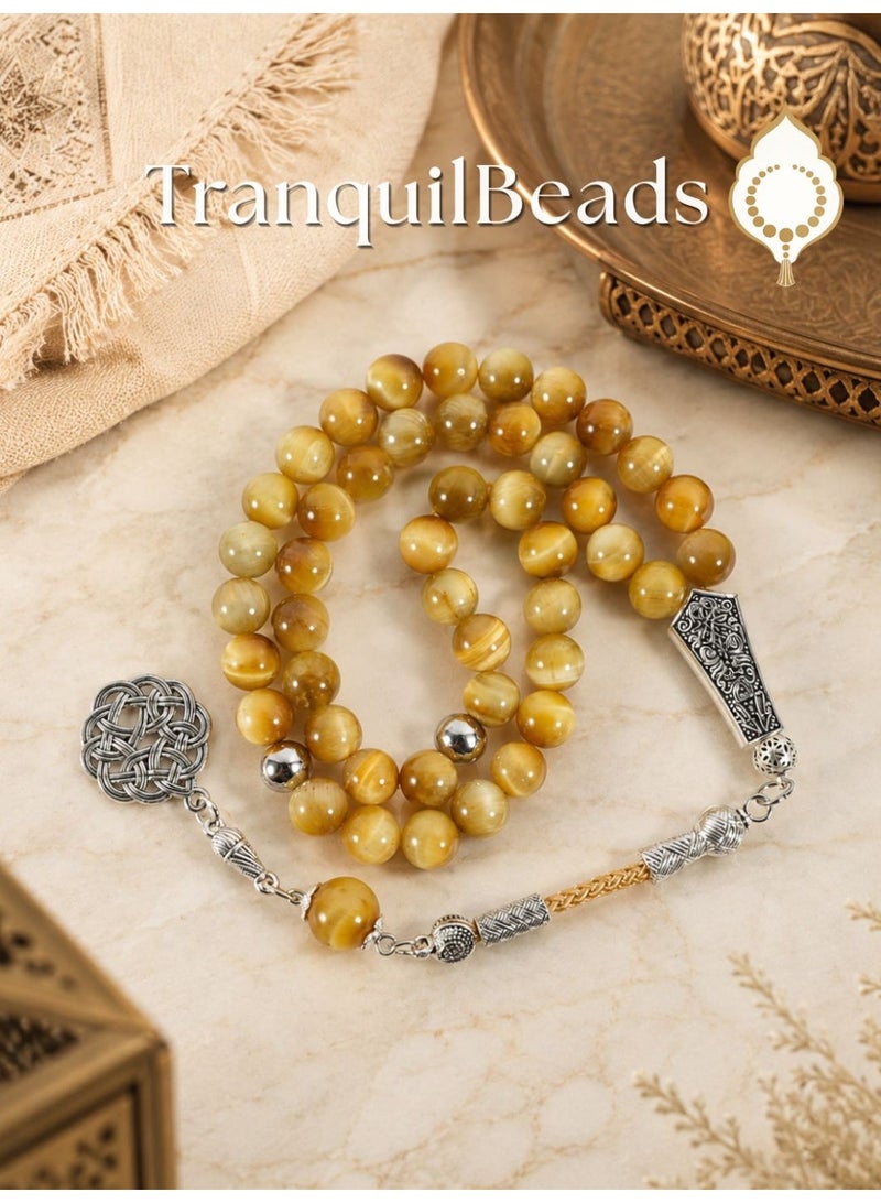 TranquilBeads Golden Tiger's Eye Tasbih 45 Beads Misbaha Prayer Beads with Slivery Tassel, Gift for Men Father Husband, Ramadan Eid Birthday Gift Box - Image 3