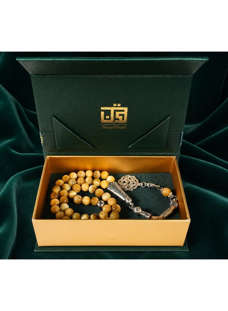 TranquilBeads Golden Tiger's Eye Tasbih 45 Beads Misbaha Prayer Beads with Slivery Tassel, Gift for Men Father Husband, Ramadan Eid Birthday Gift Box - Image 2