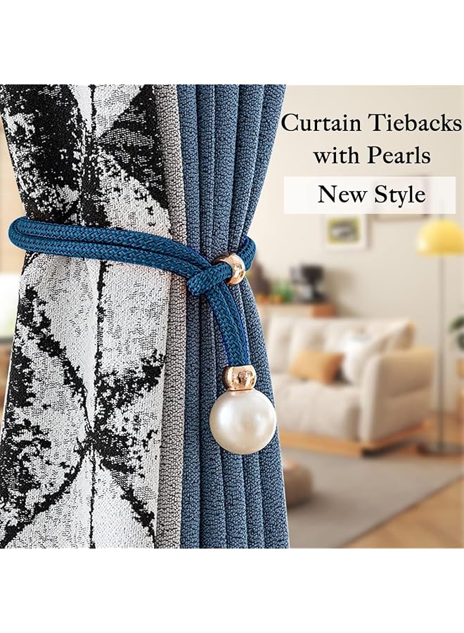 إيروريكس رباطات ستائر من الحبال مزخرفة بلؤلؤة كبيرة، أربطة ستائر قابلة للتعديل، مثبتات ستائر للمنزل والمكتب والفناء والشرفة والنوافذ، عبوة من قطعتين باللون الأزرق - Image 3