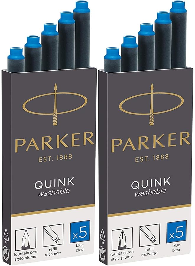 PARKER Quink Washable Ink Fountain Pen Refill Cartridges 10 Blue Ink Refills 3016031Pp 10 Cartridges Blue - Image 1