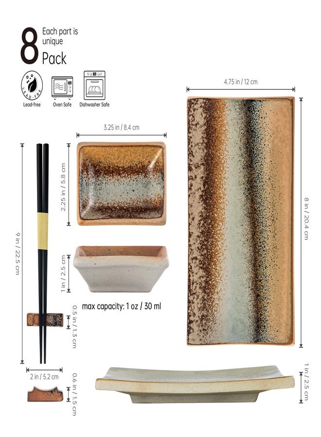 UNICASA Ceramic Sushi Plate Set 8 Piece, Japanese Style Sushi Serving Set for 2, Dishwasher & Microwave Safe, Include Sushi Plates, Sauce Dishes, Chopsticks & Holders, Light Brown - Image 2