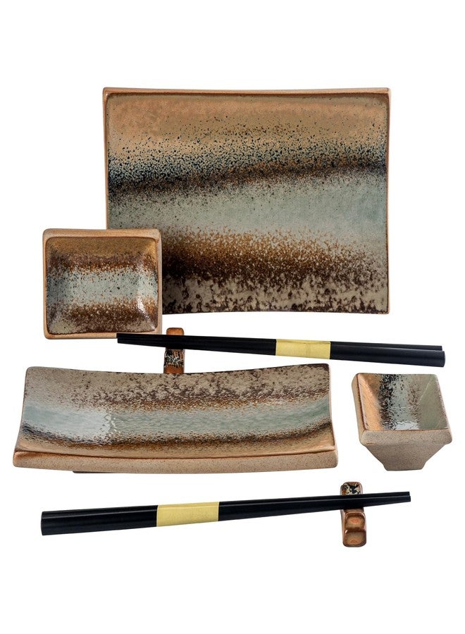 UNICASA Ceramic Sushi Plate Set 8 Piece, Japanese Style Sushi Serving Set for 2, Dishwasher & Microwave Safe, Include Sushi Plates, Sauce Dishes, Chopsticks & Holders, Light Brown - Image 1
