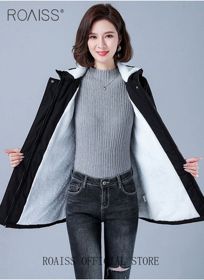 roaiss Women Jackets Hooded Windbreaker Female Fleece Warm Thick Cotton Padded Women Mid-Length Plus Fleece Hooded Cotton Jacket Women Zip-In Hooded Coat.  - Image 2