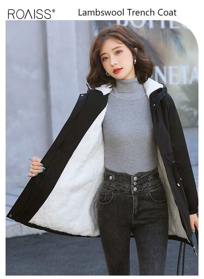 roaiss Women's Hooded Fleece Lined Jacket Warm, Thick Lamb Wool Fabric Mid-Length Coat in Black, Windproof Construction, and Adjustable Zip-In Hood for Daily Commuting, Outdoor Activities, and Casual Wear - Image 3