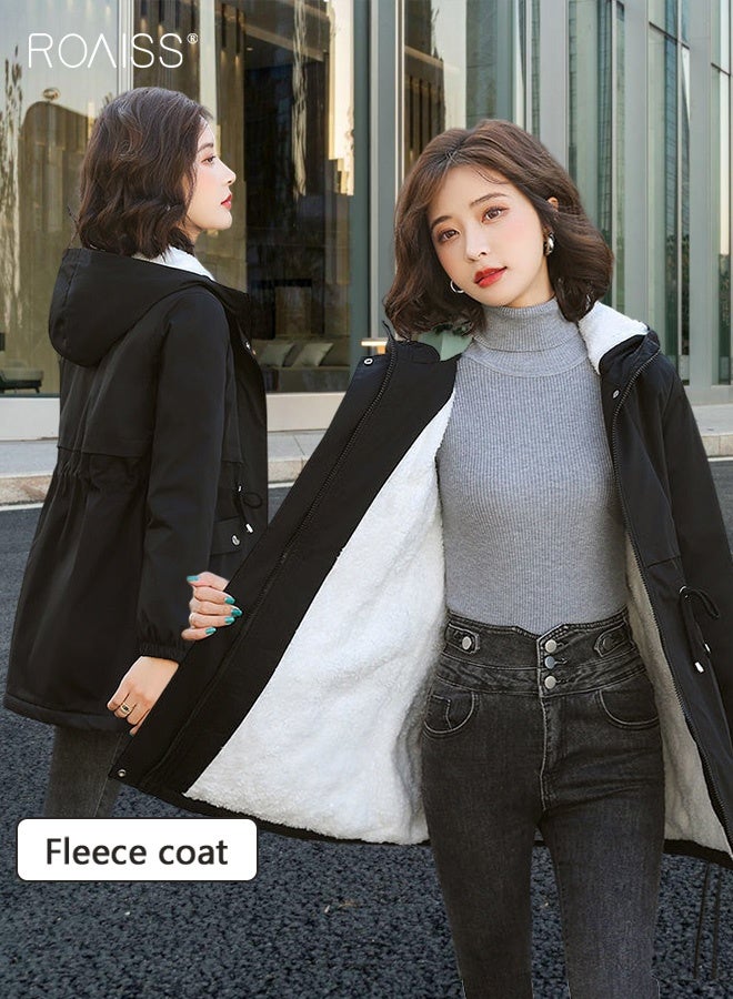 roaiss Women's Hooded Fleece Lined Jacket Warm, Thick Lamb Wool Fabric Mid-Length Coat in Black, Windproof Construction, and Adjustable Zip-In Hood for Daily Commuting, Outdoor Activities, and Casual Wear - Image 1