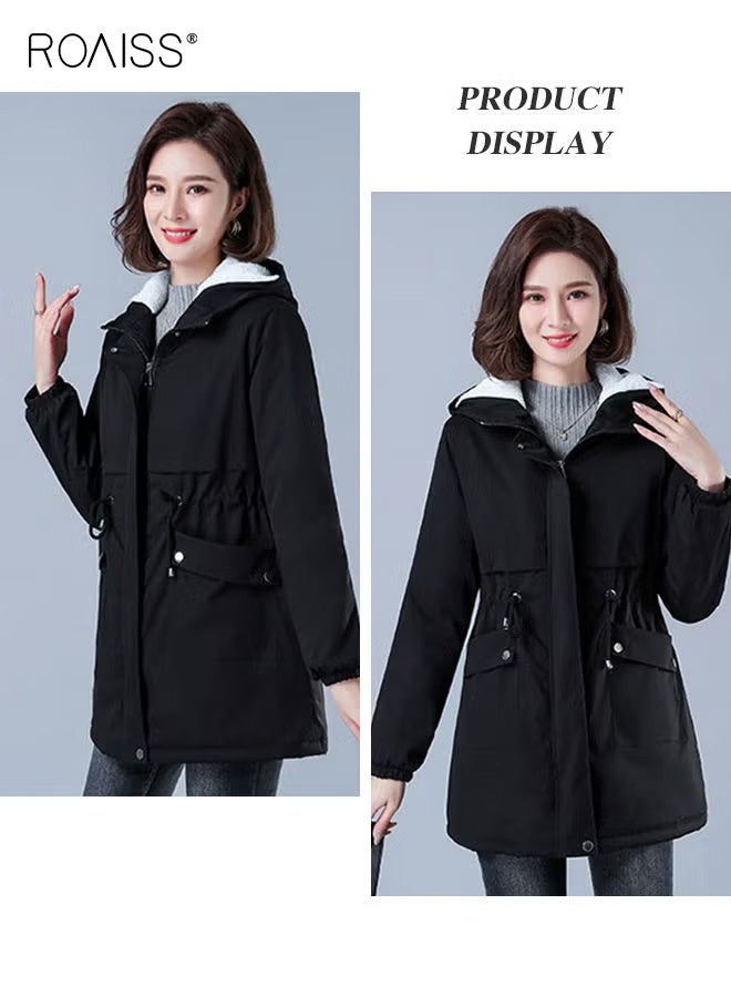 roaiss Women's Hooded Fleece Lined Jacket Warm, Thick Lamb Wool Fabric Mid-Length Coat in Black, Windproof Construction, and Adjustable Zip-In Hood for Daily Commuting, Outdoor Activities, and Casual Wear - Image 4