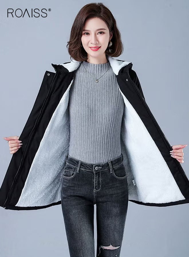 roaiss Women's Hooded Fleece Lined Jacket Warm, Thick Lamb Wool Fabric Mid-Length Coat in Black, Windproof Construction, and Adjustable Zip-In Hood for Daily Commuting, Outdoor Activities, and Casual Wear - Image 2