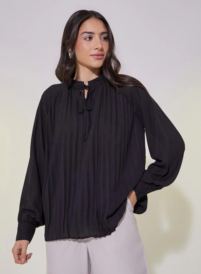 Take Two Pleated Balloon Sleeves Blouse with Tie-Up Neck Detail