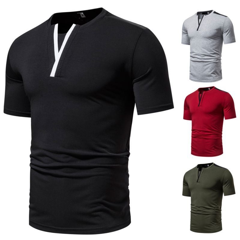 Muscle Slim Summer New Casual Fashion Top Foreign Trade Stitching Collar Letter Y Design Short Sleeve T-Shirt for Men - Image 1